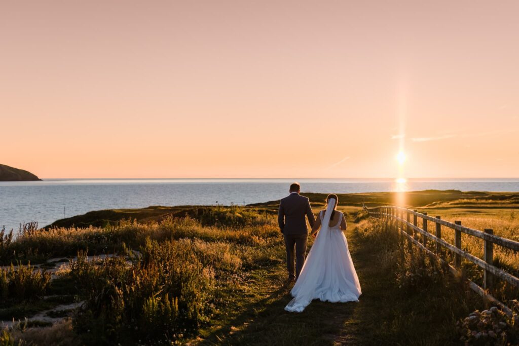 sunset walk, wedding couple walking into the sunset, 