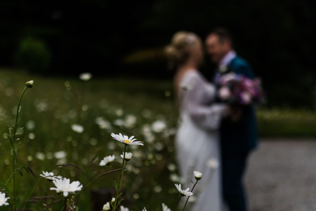 daisy, flower photos with blurred wedding couple in the background, elopement, 